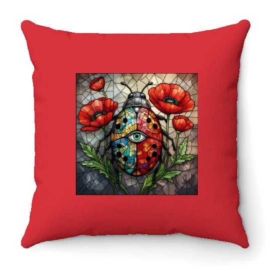 Ladybug stained glass vibrant poppy flower insect Throw Pillows