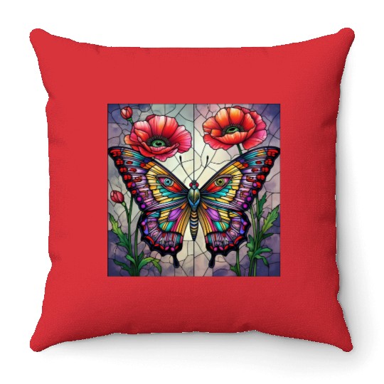 Butterfly stained glass design vibrant poppy Throw Pillows