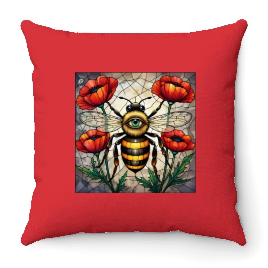 Bumble bee stained glass vibrant poppy flower eye Throw Pillows