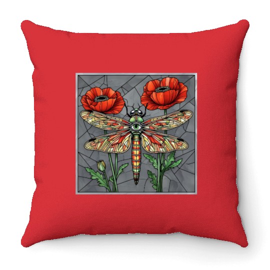 Dragonfly stained glass design vibrant poppy eye Throw Pillows