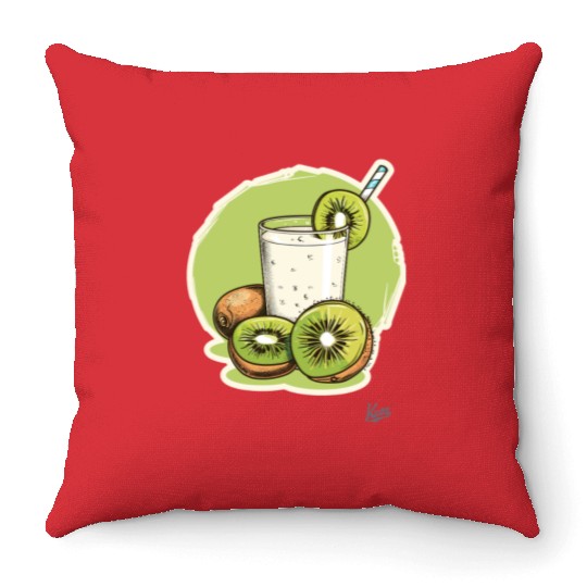 Kiwi fruit and juice with straw illustration Throw Pillows