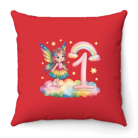 Magical Rainbow Fairy Elf 1st Birthday Girl Throw Pillows