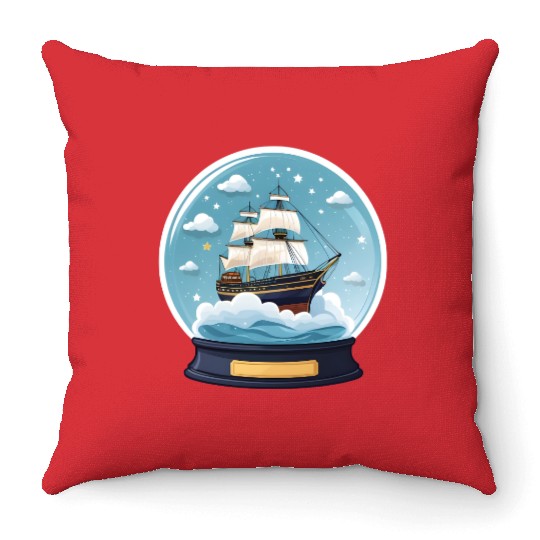 Fantasy Ship in Star Filled Snow Globe Throw Pillows