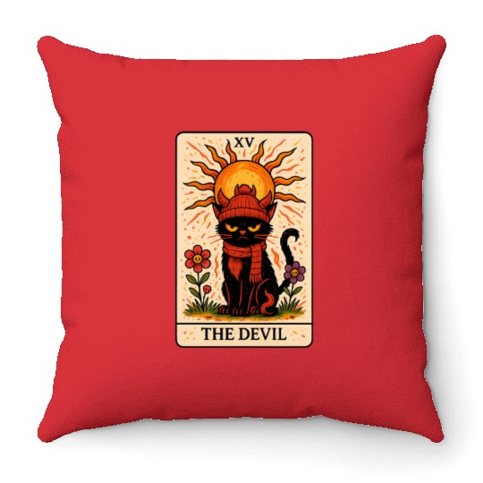 Devil Cat Tarot Card, Grumpy Cat Art, Mystical Throw Pillows