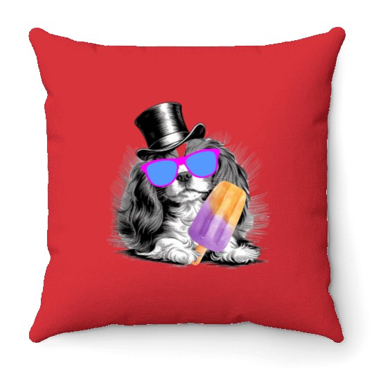 Cavalier King Charles Spaniel with a popsicle Throw Pillows