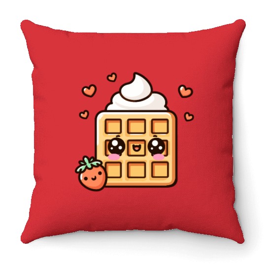 Kawaii Dessert Waffle with Strawberry Throw Pillows