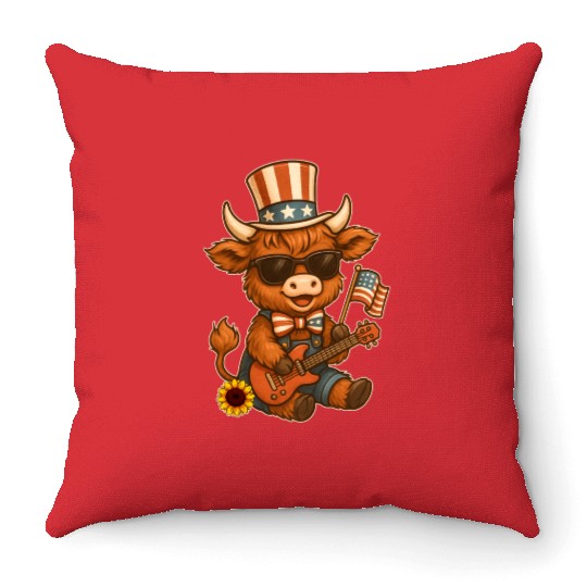 Funny Highland Cow Patriotic Outfit Playing Guitar Throw Pillows