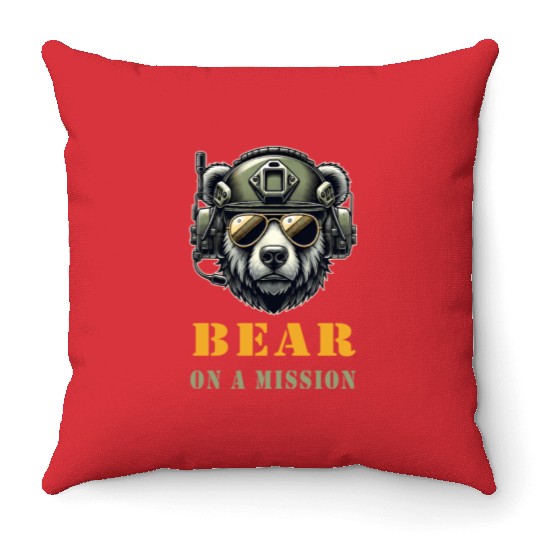 Bear In Mission / Military Design Throw Pillows
