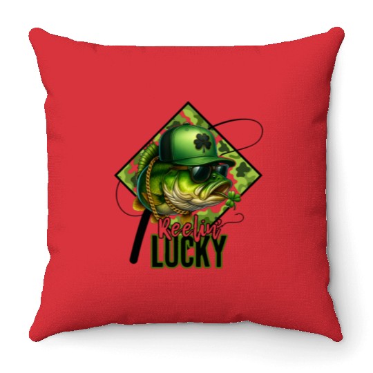 Reelin' Lucky Bass Fish Throw Pillows
