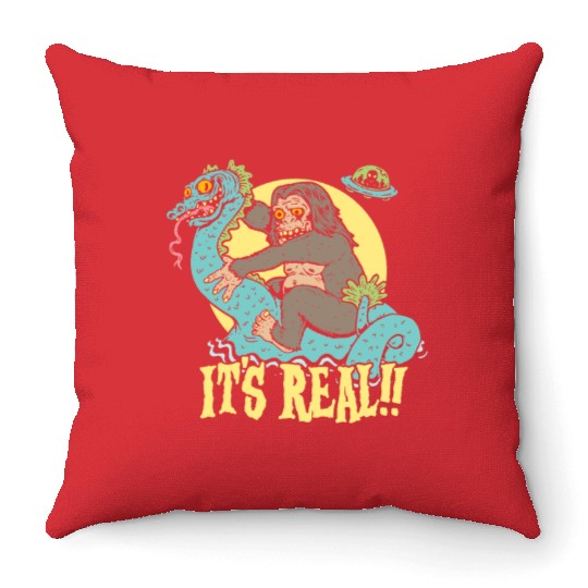 Bigfoot Rides Nessie UFO Cryptid Monster Mayhem Throw Pillows