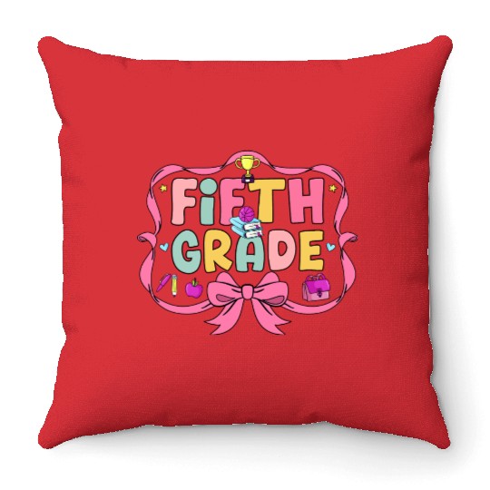 Preppy Back To School 5th Grade Coquette Bow Girls Throw Pillows