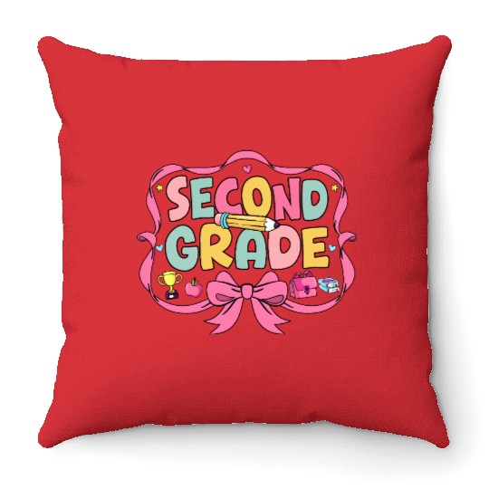 Preppy Back To School Second Grade Coquette Bow Throw Pillows