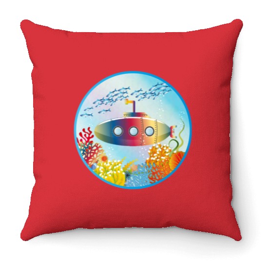 Colorful Submarine in a Tropical Coral Reef Throw Pillows