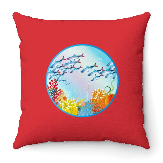 School of colorful fish in a coral reef Throw Pillows