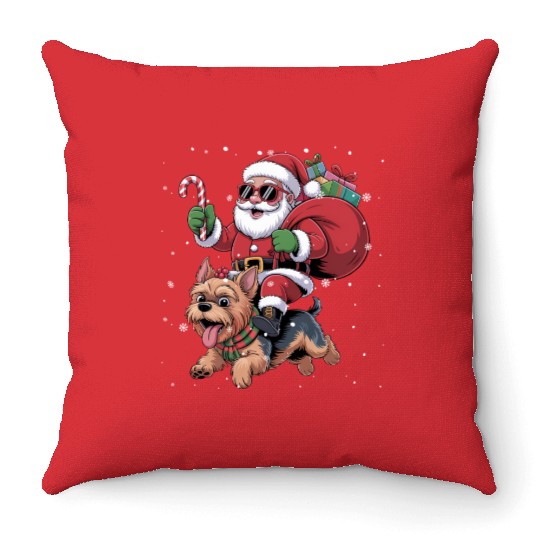 Santa Claus Yorkie Dog Christmas In July Throw Pillows