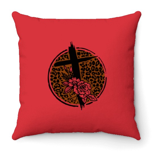 Leopard Print Cross with Flowers Throw Pillows