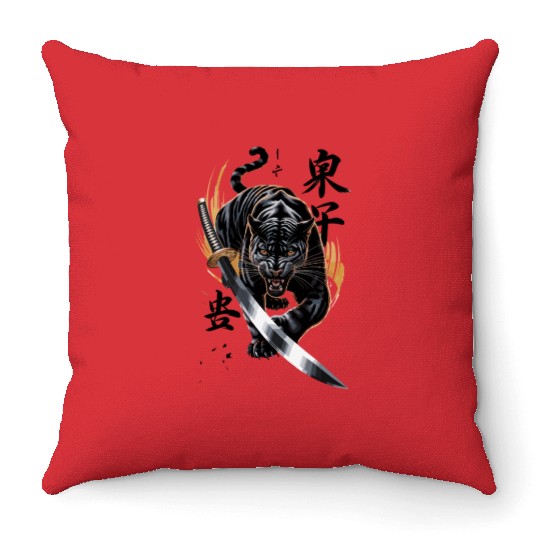 Fierce Black Panther With Samurai Sword Throw Pillows