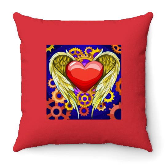 Mechanical Heart with Angel Wings Throw Pillows