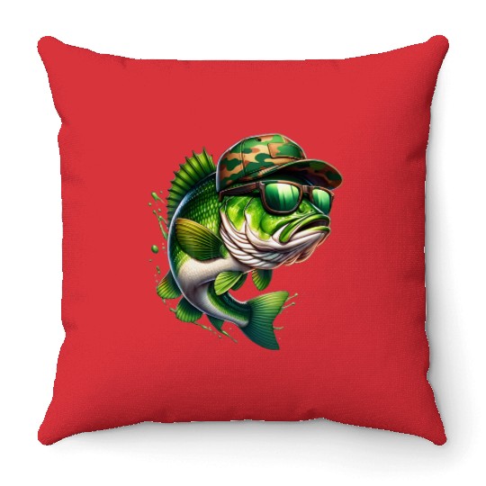Camo Hat Bass Fish with Green Sunglasses Throw Pillows