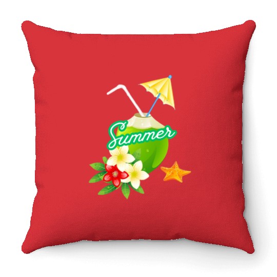 Tropical Summer Coconut with Flowers Throw Pillows
