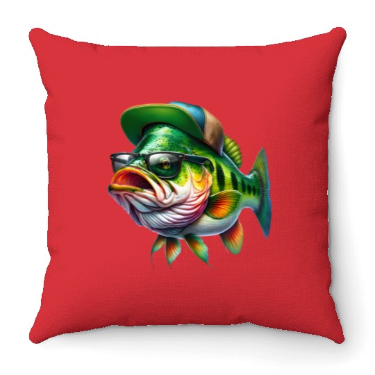 Cool Bass Fish with Green Hat and Glasses Throw Pillows