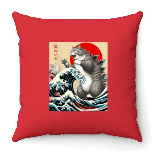 Catzilla Cat Japanese Art Funny Cat Throw Pillows