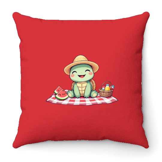 Whimsical Picnic Turtle Illustration Throw Pillows