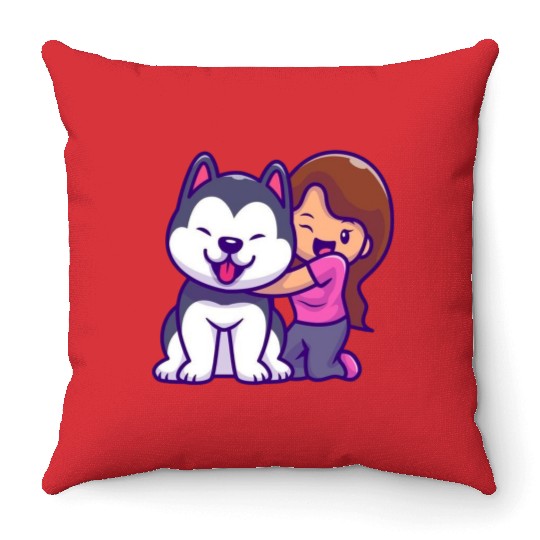 Cute Girl Hugging Playful Husky Design Throw Pillows