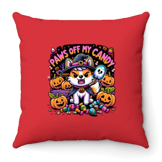 Halloween Welsh Corgi Witch Paws Off My Candy Throw Pillows