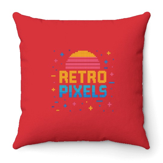 Retro Pixels – Neon 8-Bit Sunset Vibes Throw Pillows