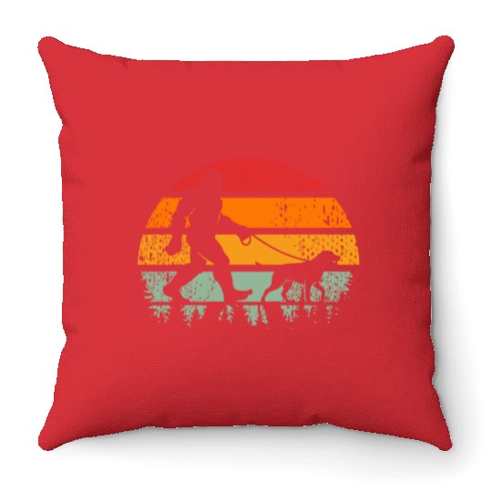 Bigfoot Running Dog Sunset Retro Throw Pillows