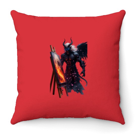 Demon Artist Painting Under Cherry Blossoms Throw Pillows