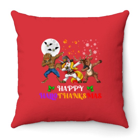 Happy Hallothanksmas Dabbing werewolf Unicorn Deer Throw Pillows