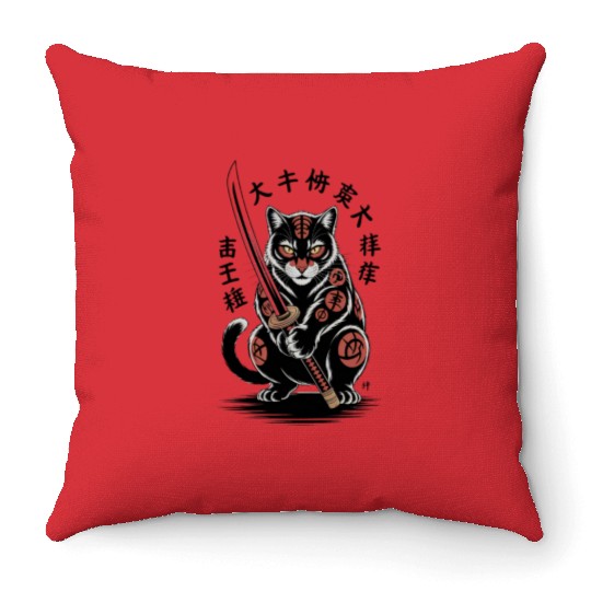Mythical Japanese Warrior Cat Design Throw Pillows