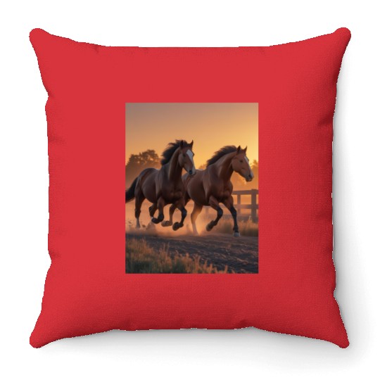 Running horses at dusk Throw Pillows