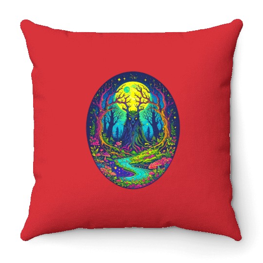 Psychedelic Forest Spirit – Glowing Tree Guardian Throw Pillows