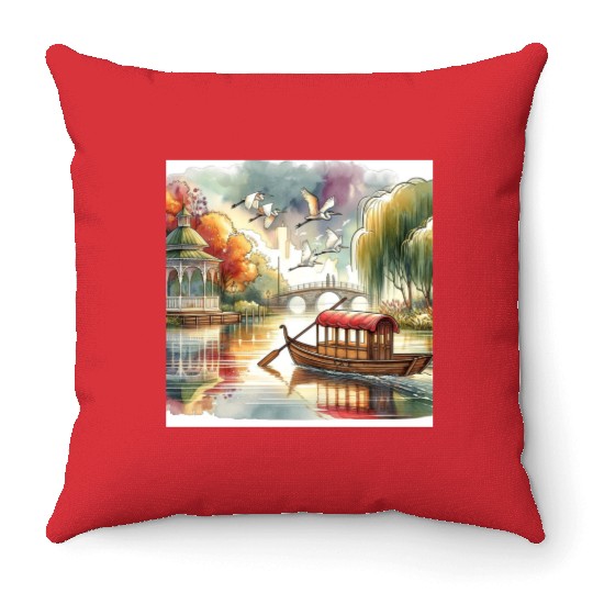Serene Autumn Lake Scene with Swans and Bridge Throw Pillows