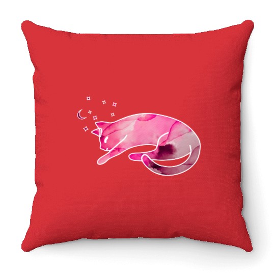 Watercolor Sleeping Cat with Moon Stars Throw Pillows