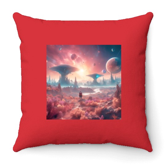 Alien Planet Explorer in Surreal Landscape Throw Pillows