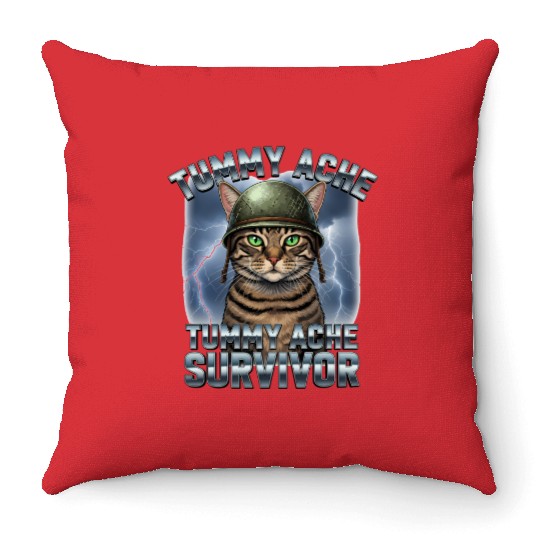 Funny Brave Cat Tummy Ache Survivor Meme Art Throw Pillows