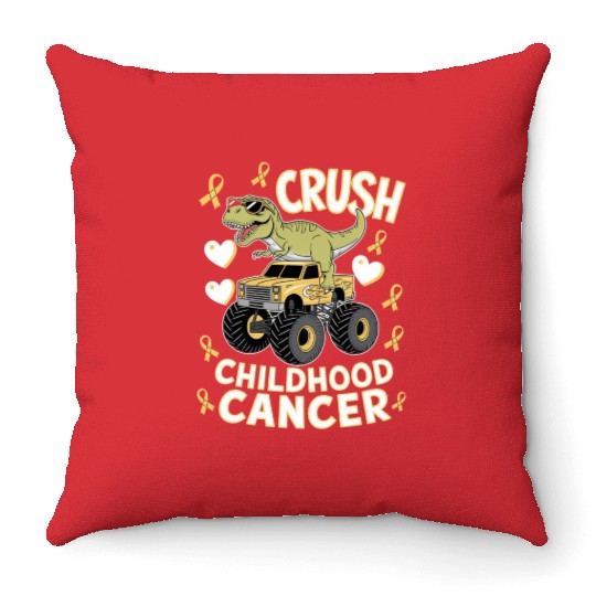 Dino Monster Truck Fight Against Childhood Cancer Throw Pillows