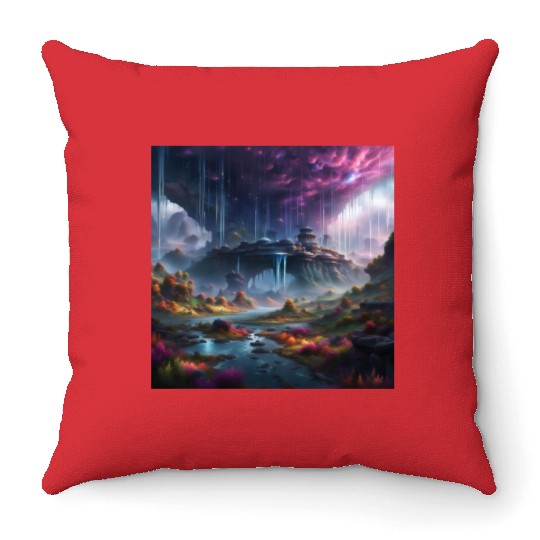 Alien Planet: Fantasy Mountain Cityscape Throw Pillows