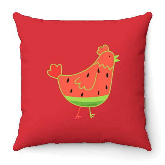 Whimsical Watermelon Chicken Illustration Throw Pillows