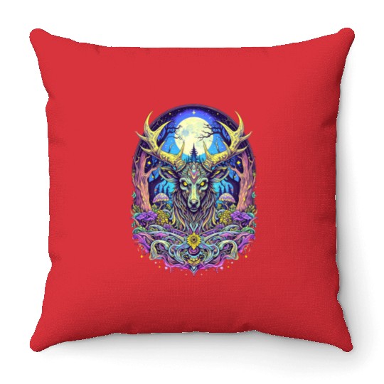 Psychedelic Forest Deer – Mystic Spirit Animal Art Throw Pillows
