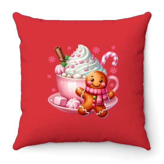 Whimsical Holiday Hot Chocolate Scene Throw Pillows