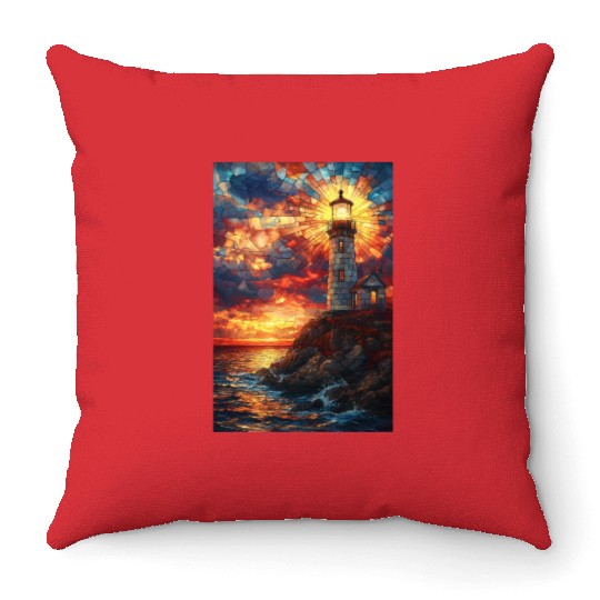Stained Glass Lighthouse Sunset Throw Pillows