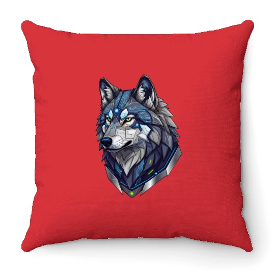 Cyber Wolf Sentinel Throw Pillows