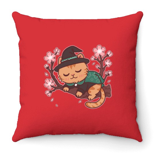 Whimsical Wizard Cat in Blooming Cherry Tree Throw Pillows