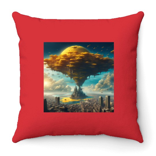 Sci-Fi Alien City: Floating Planet Twilight Scene Throw Pillows