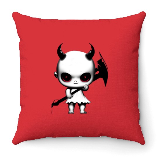 Cute Demon Baby with Horns and Bat Wings Throw Pillows
